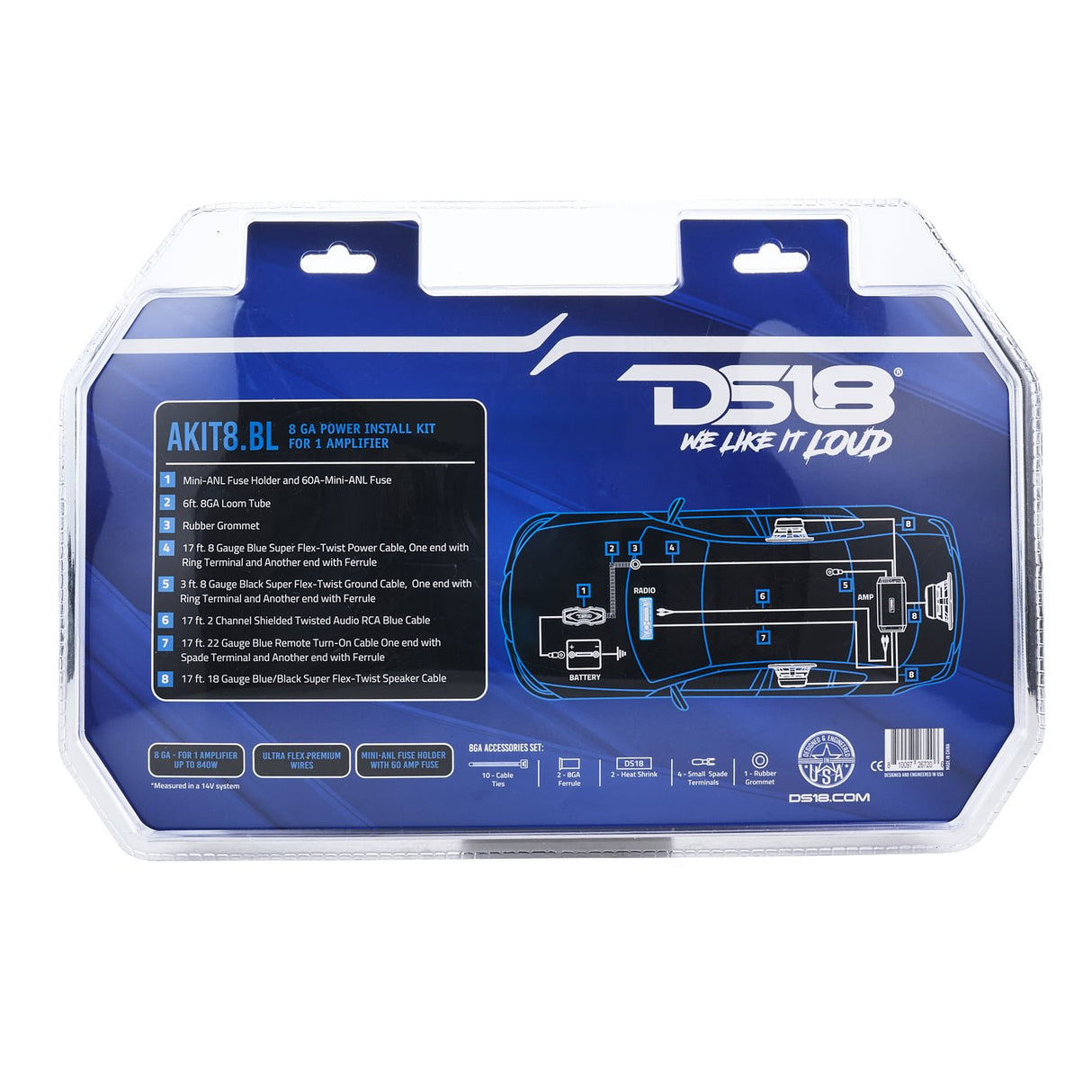 8-GA Amplifier Installation Wiring Kit - Blue