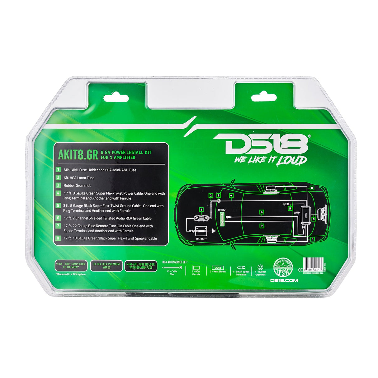 8-GA Amplifier Installation Wiring Kit - Green