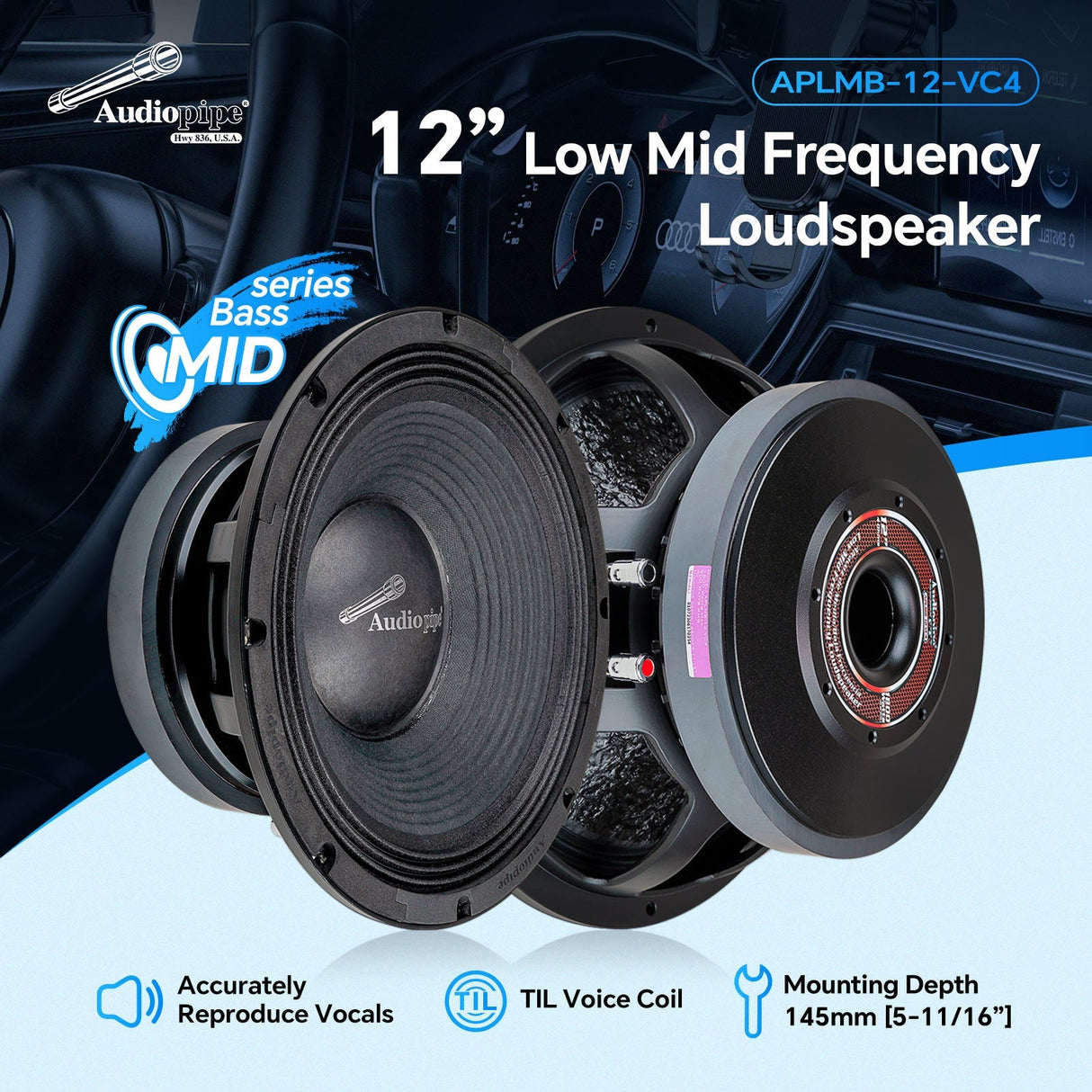 12" Mid-Low Frequency Loudspeaker 4 Ohms (APLMB-12-VC4), Sold individually Audiopipe