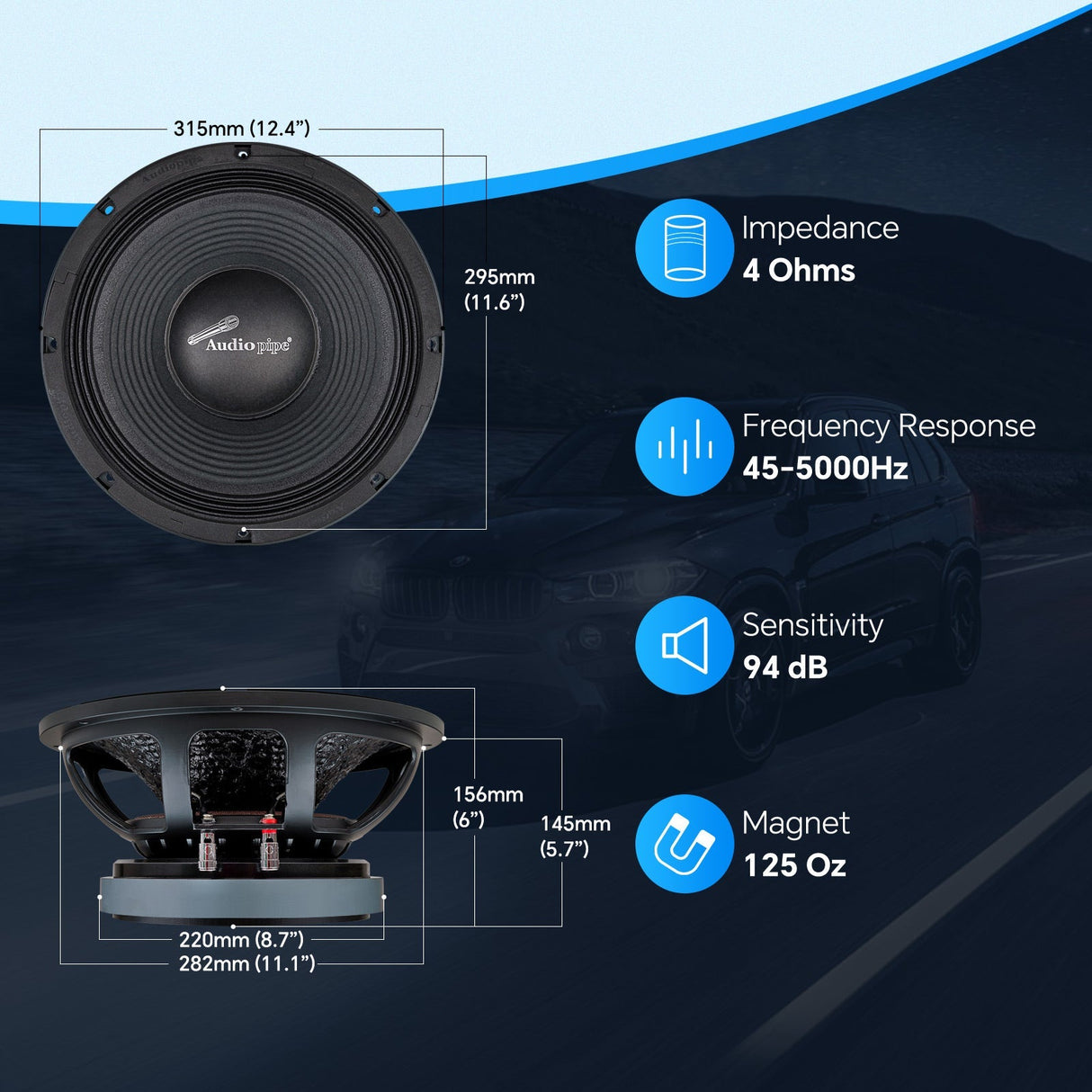 12" Mid-Low Frequency Loudspeaker 4 Ohms (APLMB-12-VC4), Sold individually Audiopipe