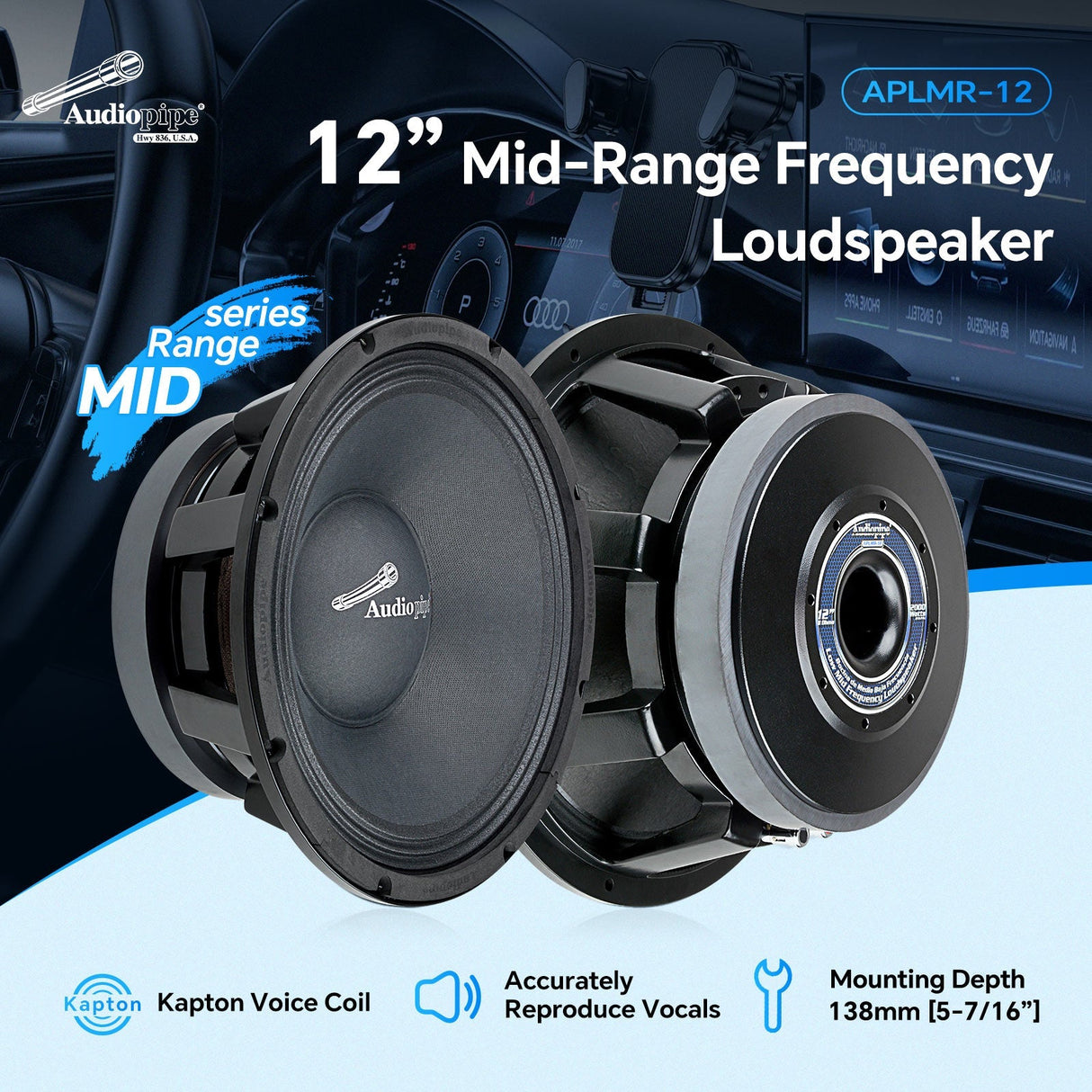 APLMR-12 12” Mid Frequency Loudspeaker, Sold Individually Audiopipe