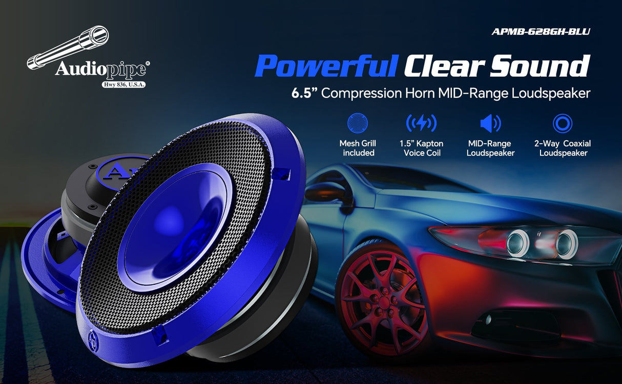 6.5" Compression Horn Mid-Range Loudspeaker (APMB-628GH-BLU), Sold individually Audiopipe