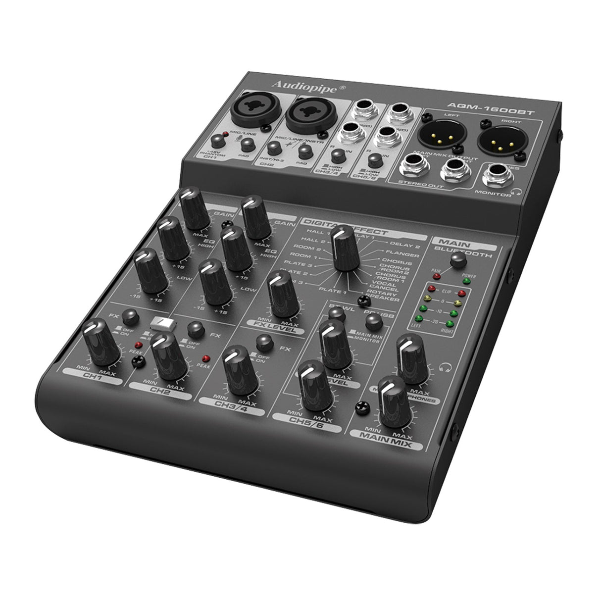 6 Channel Mic-Line Audio Mixer With USB Interface (AQM-1600BT) Audiopipe