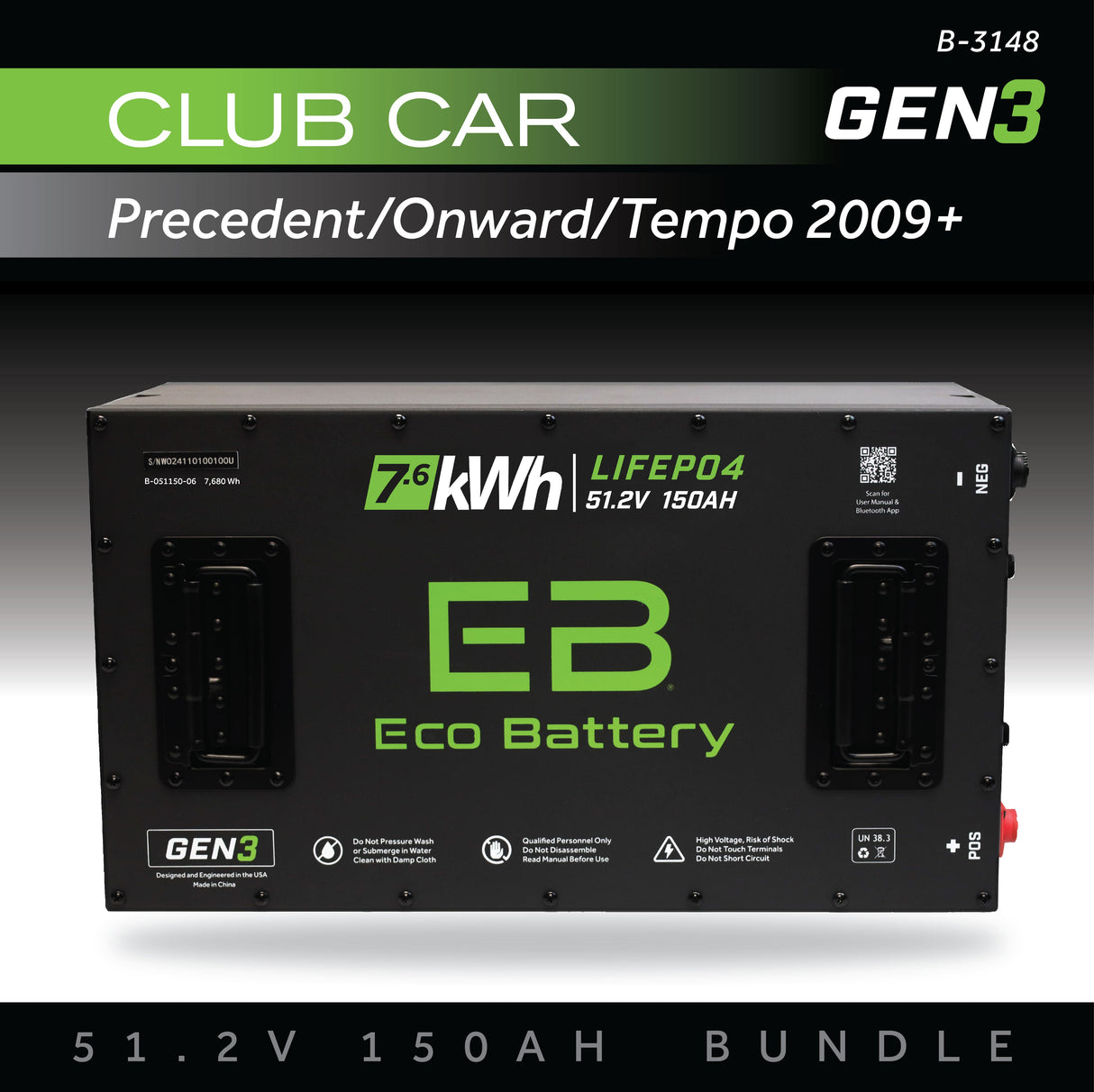 Eco Battery (48V) 51V 150AH Battery Bundle / Club Car Precedent/Onward/Tempo / 2009+