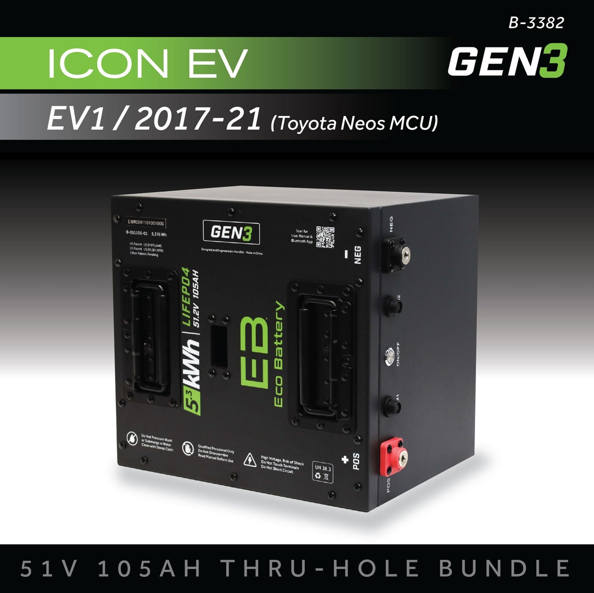 Eco Battery (48V) 51V 105AH Thru-Hole Battery Bundle / ICON EV / 2017-21 (Toyota Neos MCU)