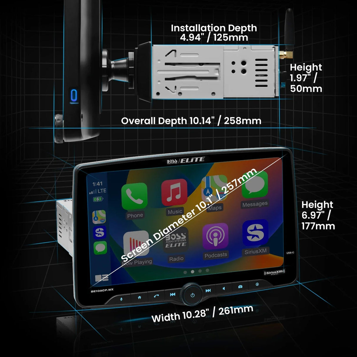 Boss Elite BE10ACP.WX 10.1" Single DIN Digital Multimedia Receiver w/ Bluetooth, Wireless Apple CarPlay and Android Auto (SiriusXM Ready) Boss Elite