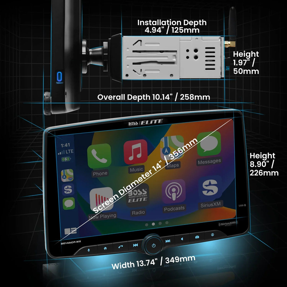 Boss Elite BE14ACP.WX 14" Single Din Touchscreen with Wireless Apple Carplay/Android Auto XM Ready Boss Elite