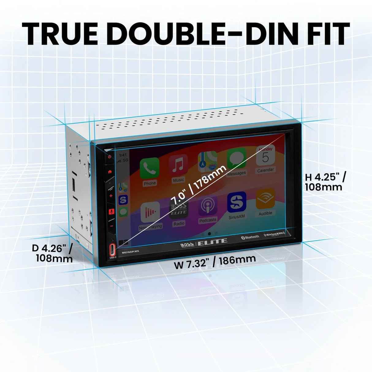 Boss Elite BE7ACP.WXC 7" Double DIN Touchscreen Digital Multimedia Receiver w/ Bluetooth, Wireless Apple CarPlay, Android Auto, and Built-in SiriusXM Ready Boss Elite