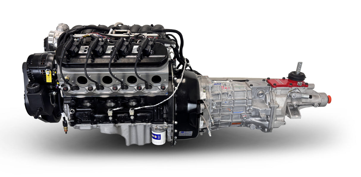 GM LS Compatible 376 c.i. Engine and T56 Manual Transmission - 530 Horsepower - Standard Edition Builder Series - Black Pulley Kit - Holley Terminator X EFI System