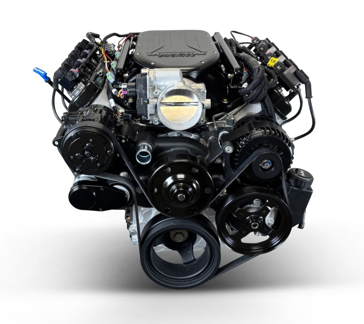 GM LS Compatible 427 c.i. Engine and 4L65/70E Automatic Transmission - 585 Horsepower - Standard Edition Builder Series - Black Pulley Kit - Holley Terminator X EFI System