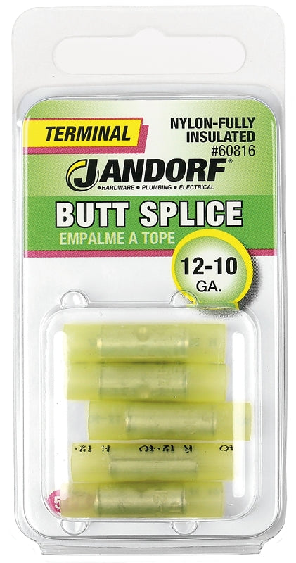 Butt Splice Connector, 12 to 10 AWG Wire, Nylon Insulation, Copper Contact, Yellow #60816 Jandorf
