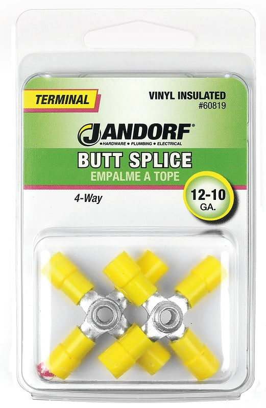 Butt Splice Connector, 12 to 10 AWG Wire, Vinyl Insulation, Copper Contact, Yellow, 2/PK #60819 Jandorf
