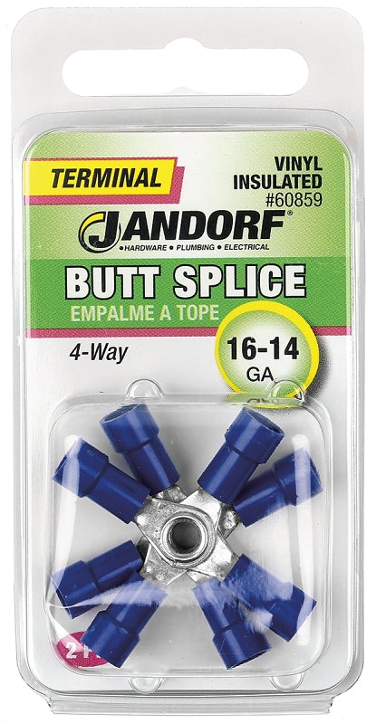 Butt Splice Connector, 16 to 14 AWG Wire, Vinyl Insulation, Copper Contact, Blue, 2/PK #60859 Jandorf