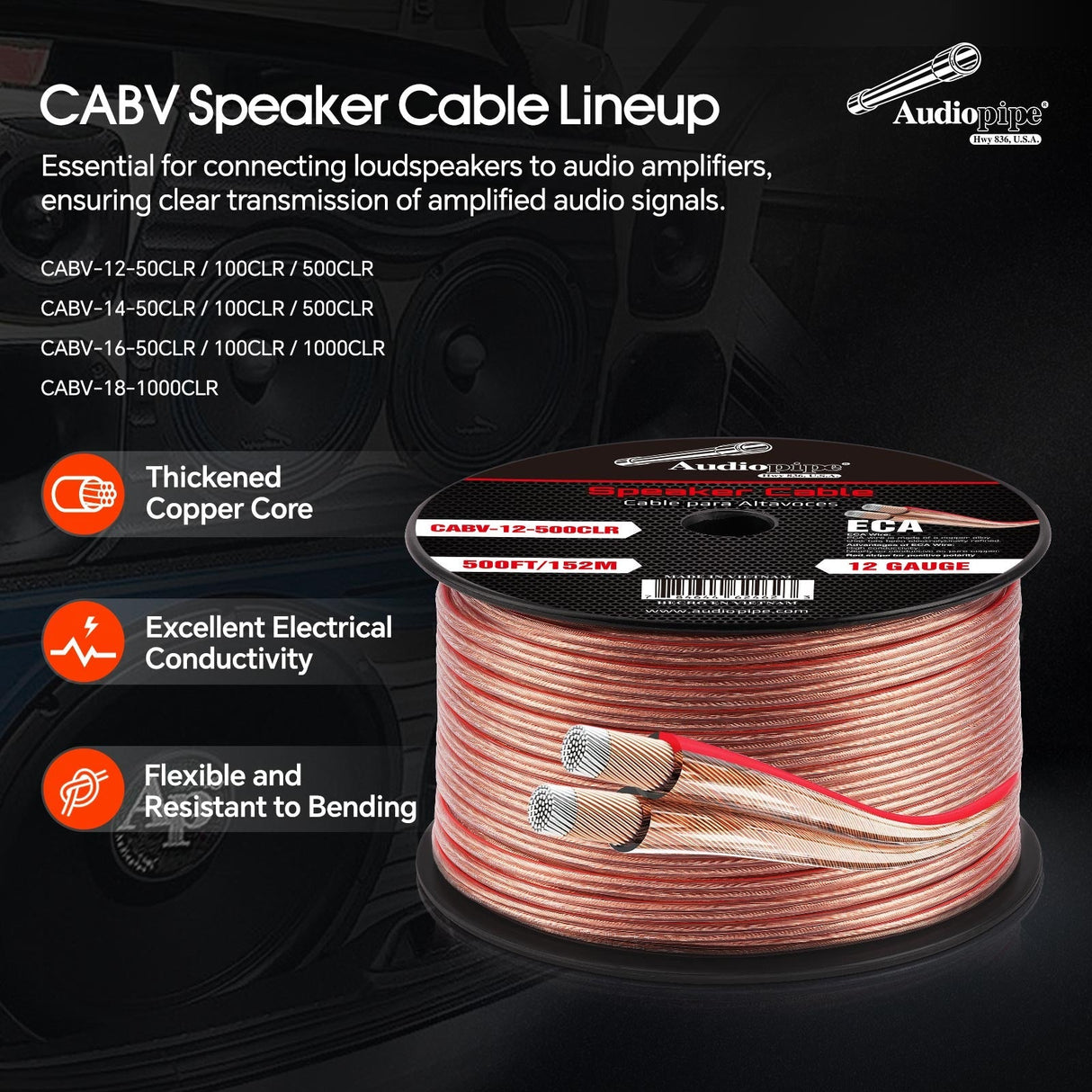 25FT 16AWG Speaker Cable (CABV-16-25CLR) Audiopipe