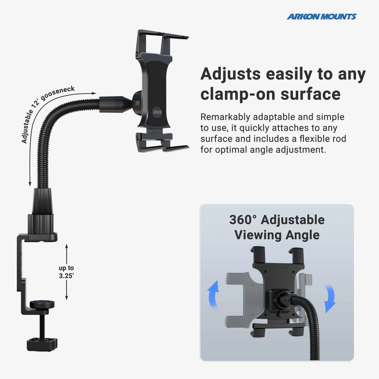 ARKON Heavy Duty C-Clamp with 12" Bendable ARM Tablet Mount