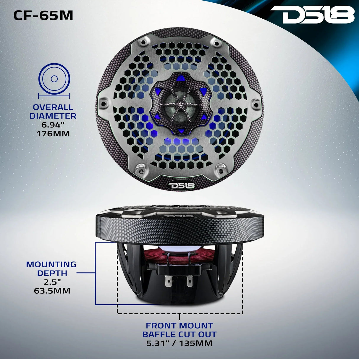 DS18 CF-65M 6.5" 2-Way 100W RMS LED RGB Coaxial Marine Speakers (Pair) DS18