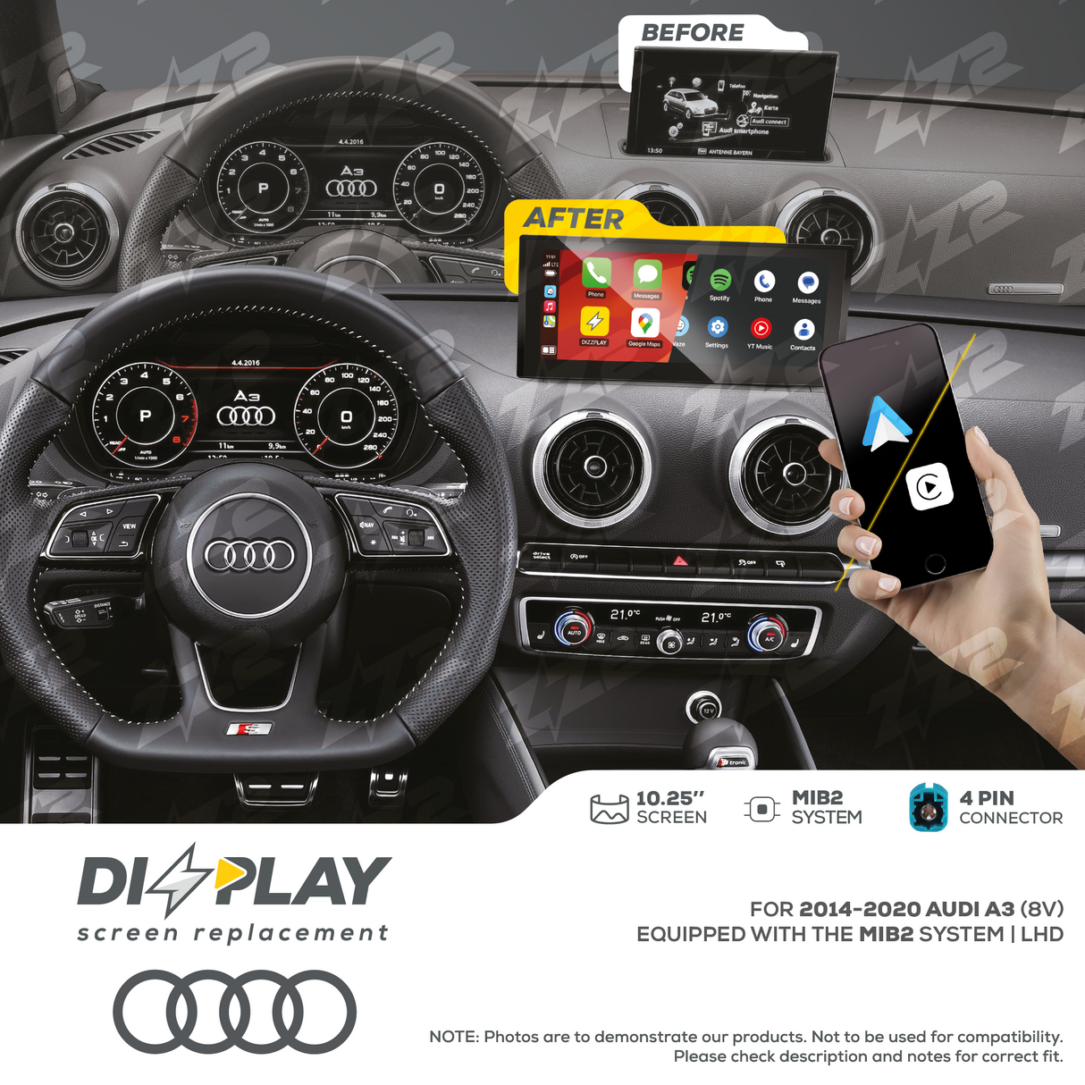 10.25" DIZZPLAY for AUDI A3 (8V) 2014-2020 equipped with the MIB2 - LHD ZZ2