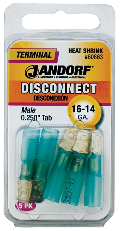 Disconnect Terminal, 16 to 14 AWG Wire, Copper Contact, Blue, 5/PK #60863 Jandorf