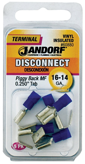 Disconnect Terminal, 16 to 14 AWG Wire, Vinyl Insulation, Copper Contact, Blue, 5/PK #60880 Jandorf