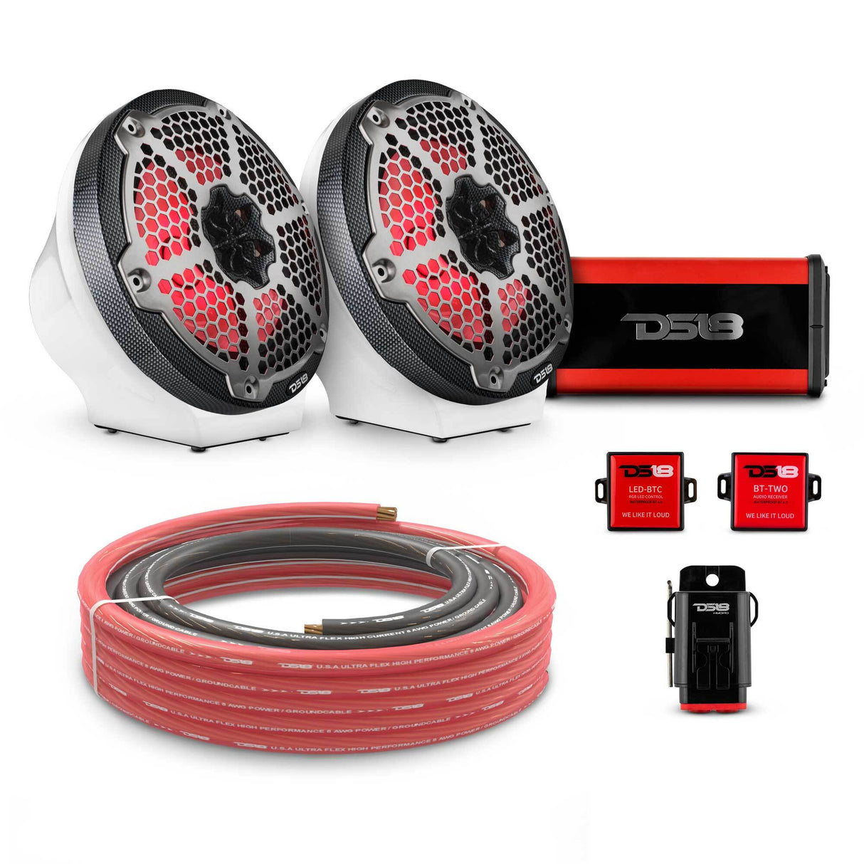8" Loaded Flat Mount Speaker Pods with Amplifier, Installation Kit and RGB LED Lights, Package for Can-Am Spyder & Ryker DS18