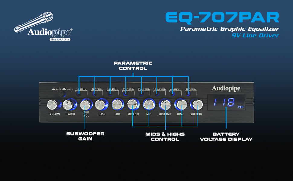 Audiopipe 7 Band Parametric Graphic Equalizer with 9V Line Driver (EQ-707PAR） Audiopipe