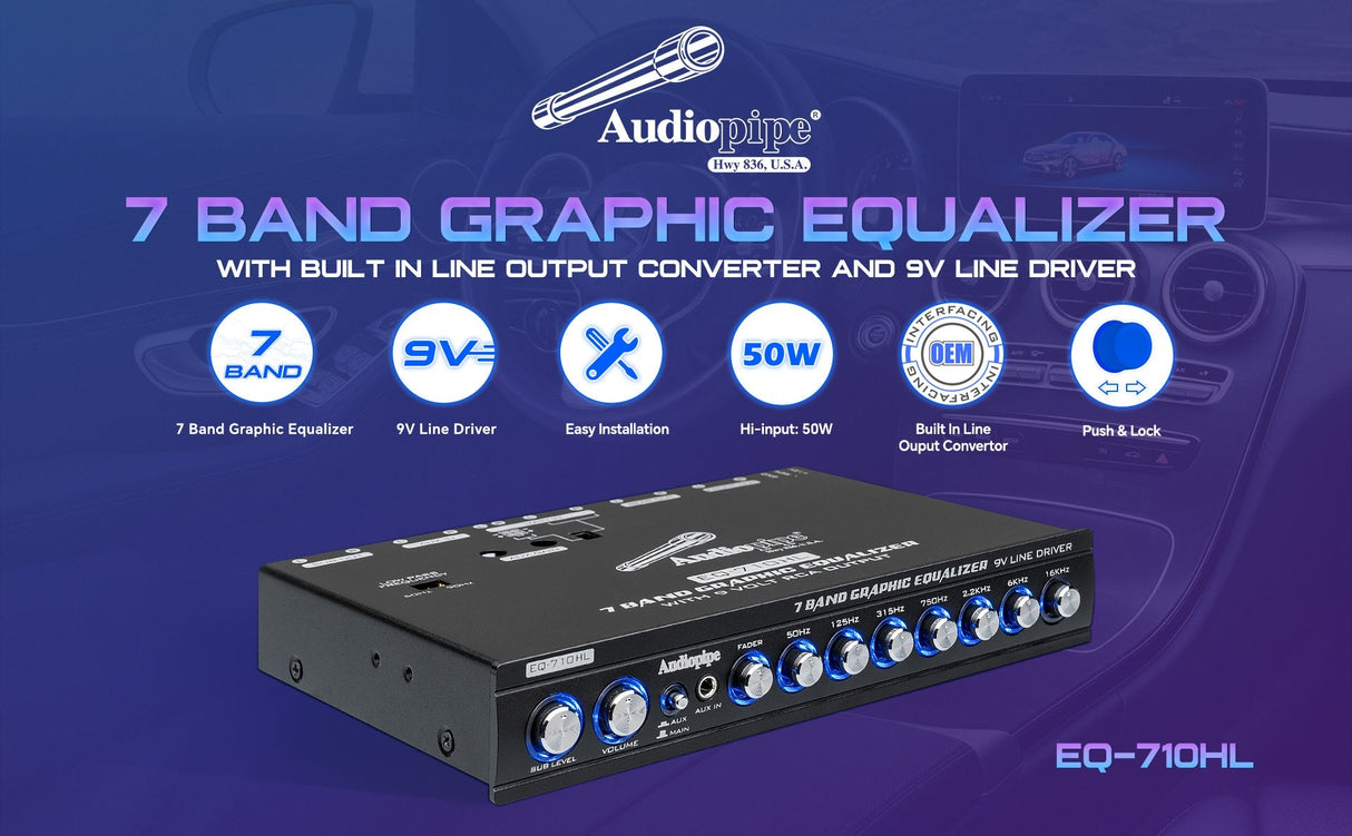 Audiopipe 7 Band Graphic Equalizer with Hi/Lo 9V Line Driver (EQ-710HL) Audiopipe