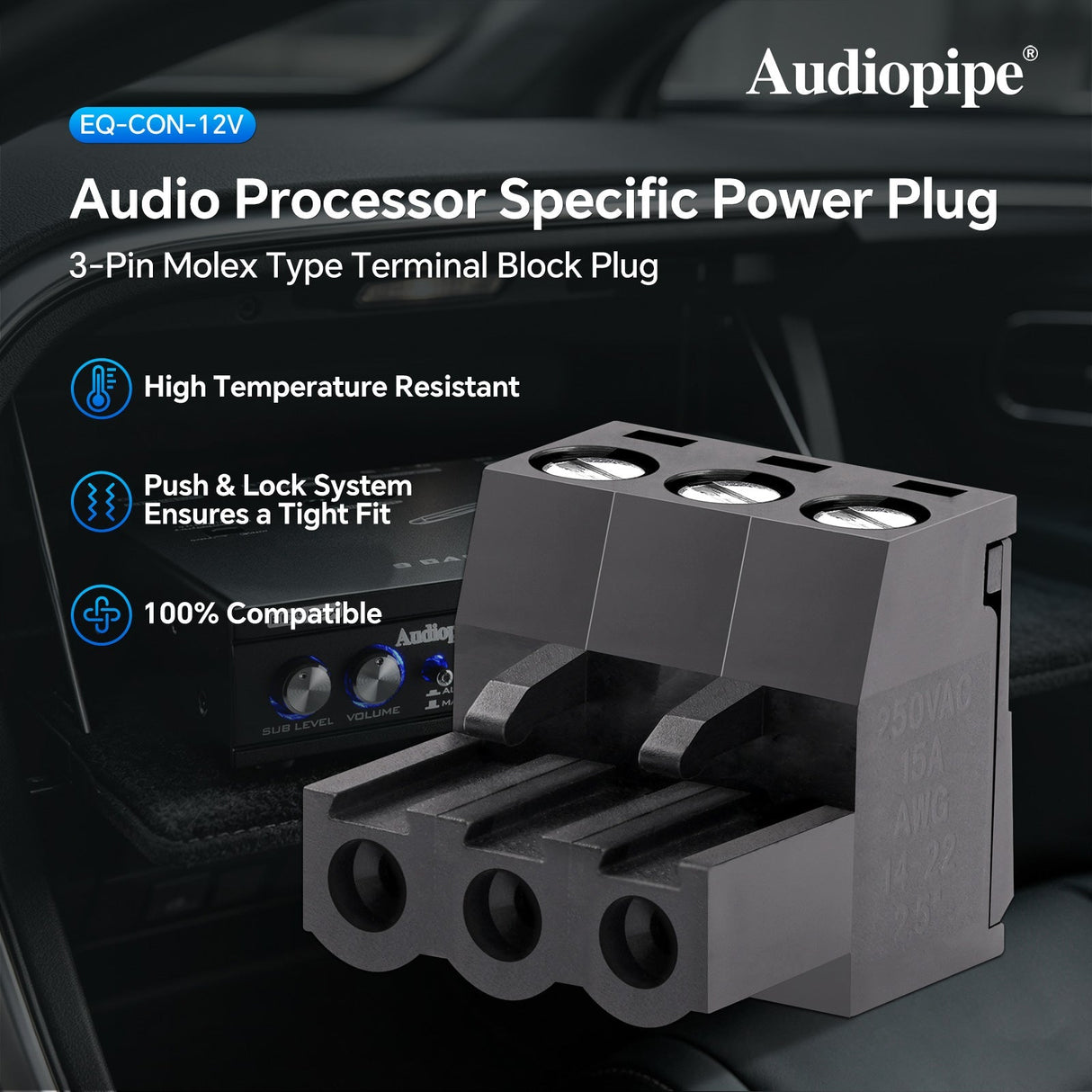 3-Pin 12V Molex Power Connector (EQ-CON-12V), Sold Individually Audiopipe