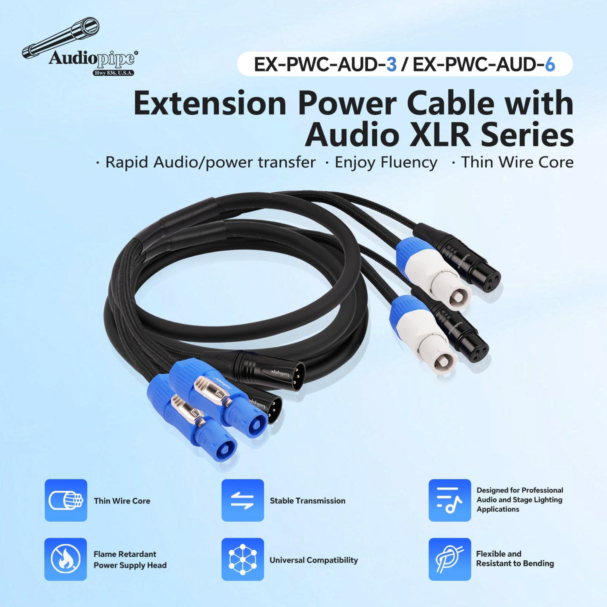 3Ft Extension Power Cable with Audio XLR Connectors (EX-PWC-AUD-3) Audiopipe