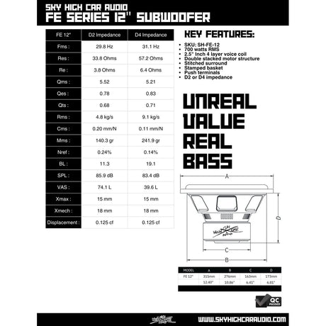 Sky High Car Audio FE 12" 700W RMS Subwoofer DVC Sky High Car Audio