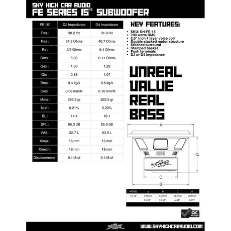 Sky High Car Audio FE 15" 700W RMS Subwoofer DVC Sky High Car Audio