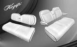 Kozip Club Car DS Front & Rear Seat Cushion Bundle with NOMAD Flip Seat Frame – White/Black Piping – White Stitching (1982-2000.5)
