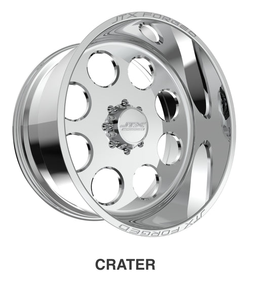 JTX Forged Single Series 24x10 8x6.5” lug pattern polished Crater pattern