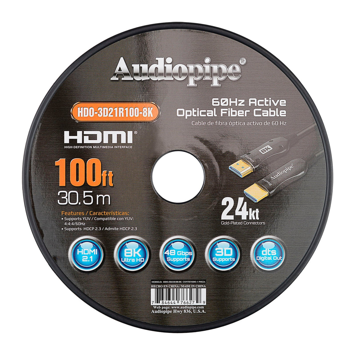 100Ft 8K Active Optical Fiber HDMI Cable (HDO-3D21R100-8K) Audiopipe