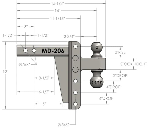Bulletproof Medium Duty 6" Drop or Rise Hitch - 2" Box Steel Shank