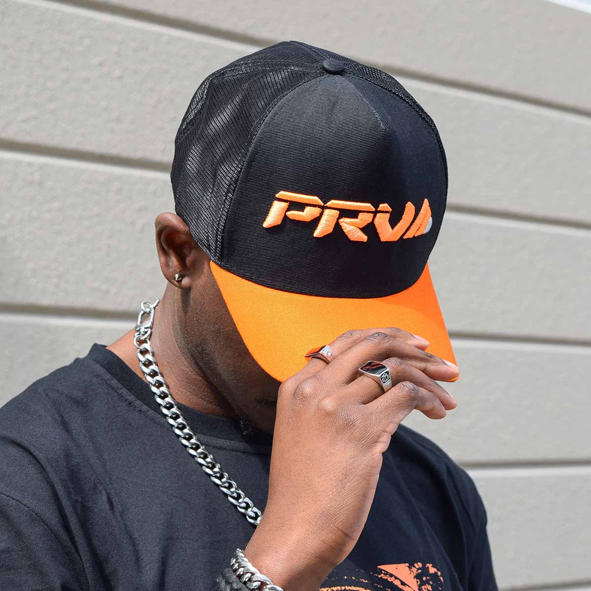 PRV Audio Trucker Hat Black Orange Embroidered Logo