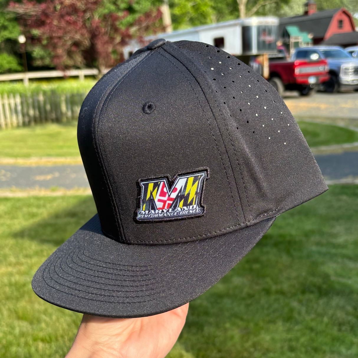 BLACK 6 PANEL - LASER PERFORATED PERFORMANCE  //  FLAT BRIM SNAPBACK Maryland Performance Products