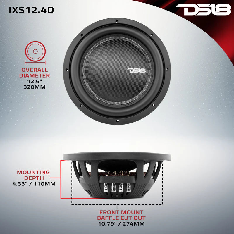 DS18 IXS Shallow-Mount 12" Fiber Glass Subwoofer 800 Watts Rms DVC 4-Ohm