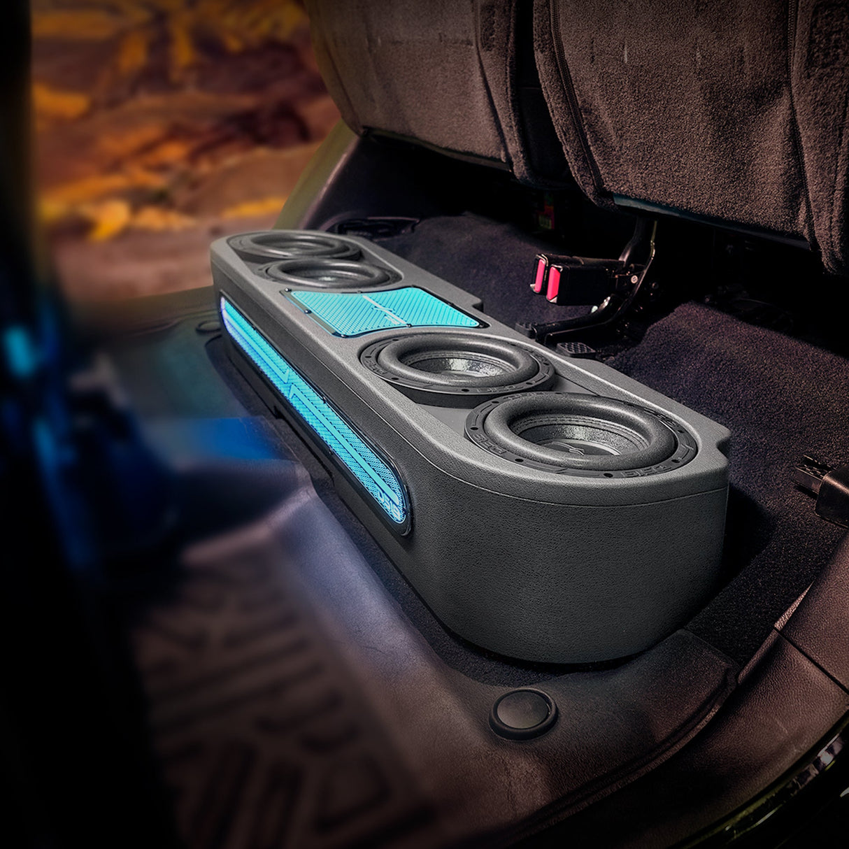 Jeep JT Gladiator Loaded Under Rear Seat Subwoofer Enclosure with 4 X 8" ZR8.2D, Leather Wrapped and Digital LED Lights | 1800 Watts RMS @ 1-Ohm DS18