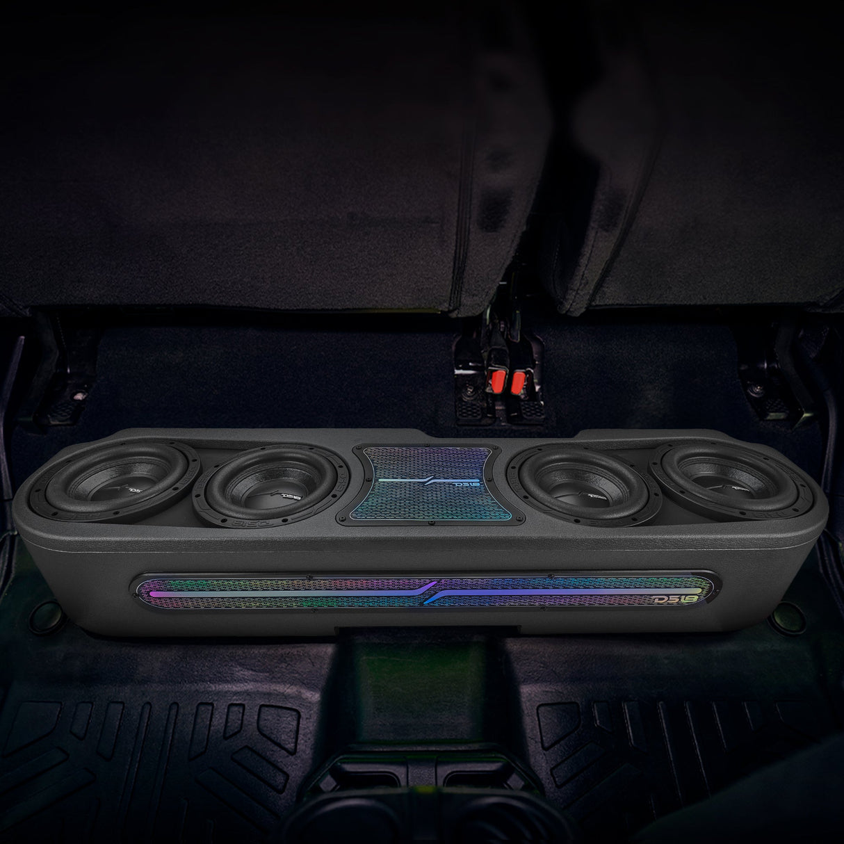 Jeep JT Gladiator Loaded Under Rear Seat Subwoofer Enclosure with 4 X 8" ZR8.2D, Leather Wrapped and Digital LED Lights | 1800 Watts RMS @ 1-Ohm DS18