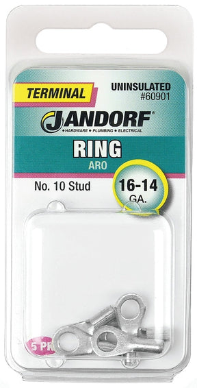 Jandorf Ring Terminal, 16 to 14 AWG Wire, #10 Stud, Copper Contact #60901 Jandorf