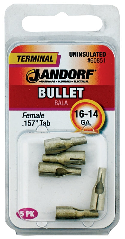 Jandorf Bullet Terminal, 600 V, 16 to 14 AWG Wire, Copper Contact, Tin, 5/PK #60851 Jandorf