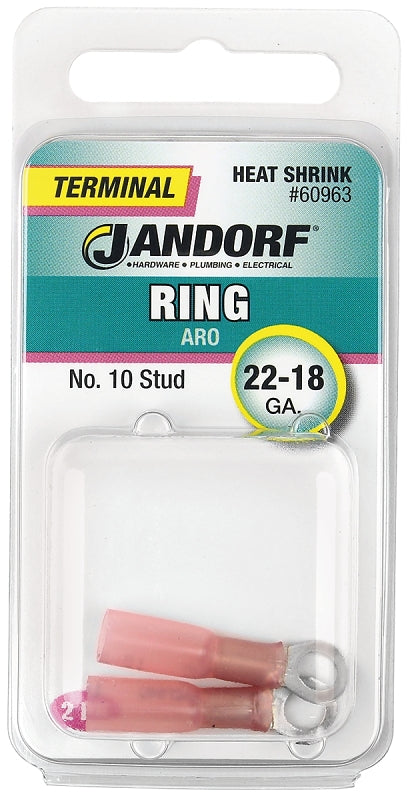 Jandorf Ring Terminal, 22 to 18 AWG Wire, #10 Stud, Pink #60963 Jandorf
