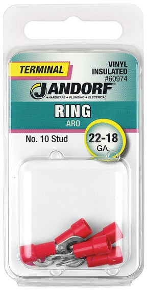 Jandorf Ring Terminal, 22 to 18 AWG Wire, #10 Stud, Vinyl Insulation, Copper Contact, Red #60974 Jandorf