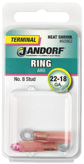 Jandorf Ring Terminal, 22 to 18 AWG Wire, #8 Stud, Copper Contact, Pink #60962 Jandorf