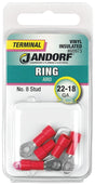 Jandorf Ring Terminal, 22 to 18 AWG Wire, #8 Stud, Vinyl Insulation, Copper Contact, Red #60973 Jandorf