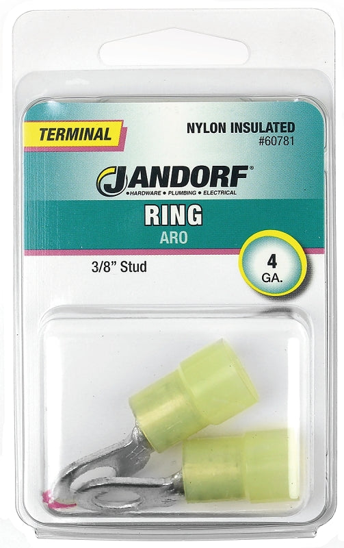 Jandorf Ring Terminal, 4 AWG Wire, 3/8 in Stud, Nylon Insulation, Copper Contact, Yellow #60781 Jandorf