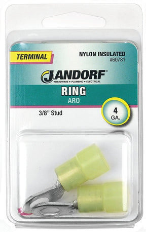 Jandorf Ring Terminal, 4 AWG Wire, 3/8 in Stud, Nylon Insulation, Copper Contact, Yellow #60781 Jandorf