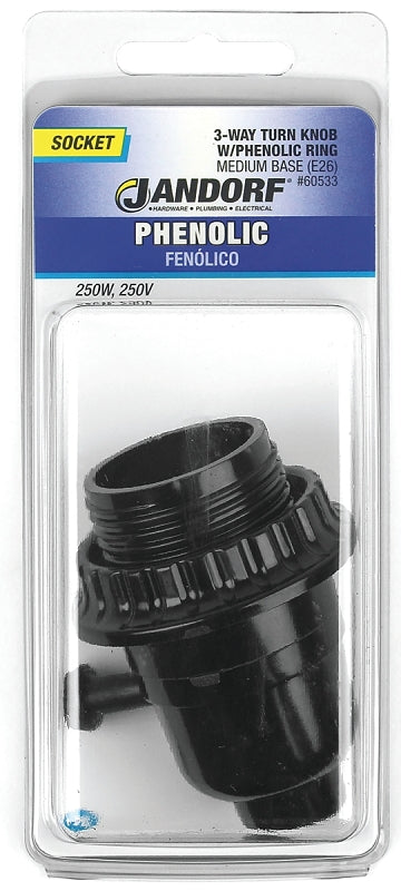 Jandorf Turn Knob Lamp Socket, 250 V, 250 W, Phenolic Housing Material, Black #60533 Jandorf