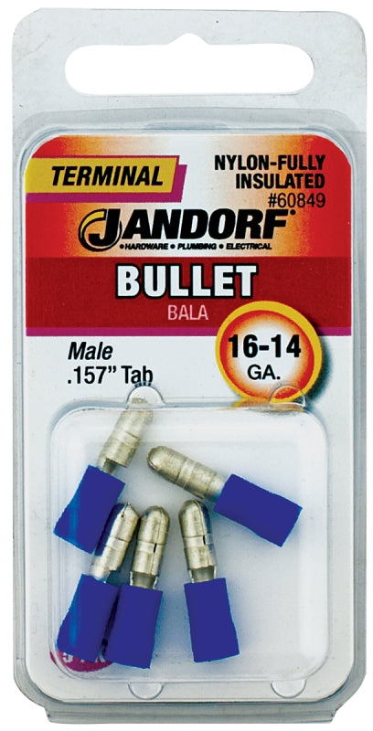 Jandorf  Bullet Terminal, 600 V, 16 to 14 AWG Wire, Nylon Insulation, Copper Contact, Blue, 5/PK #60849 Jandorf