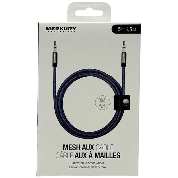 Merkury 5 Foot Mesh Two Tone 3.5mm Aux Audio Cable with Metal Tip in Blue TekShack